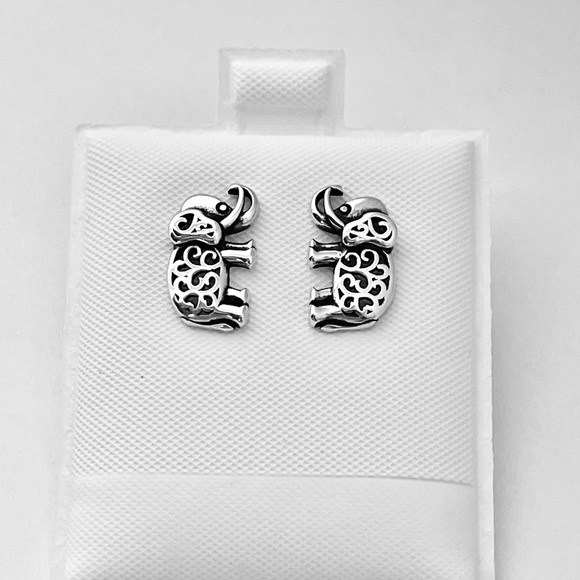 Sterling Silver Filigree Elephant Earrings, Animal Earring, Silver Stud Earring - Picture 4 of 12